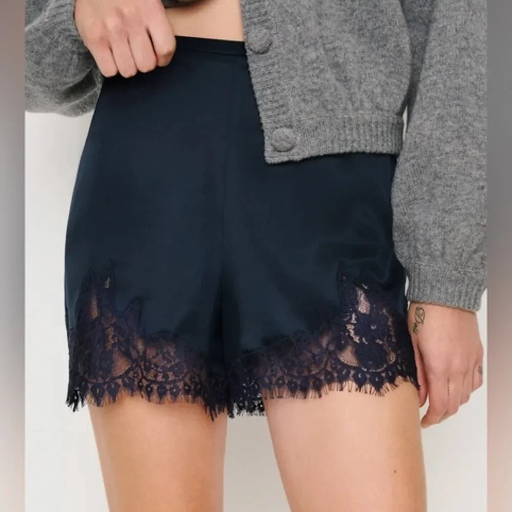 NEW Reformation Fern Midnight Navy Lace Trim Satin Shorts Elastic Waist | US S - Picture 2 of 11